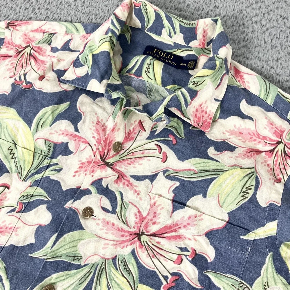 Polo Ralph Lauren Shirt Mens Medium Linen Hawaiian Floral Short Sleeve Camp